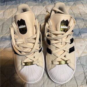 Adidas Cream and Black Platform Sneakers with Gold Accents